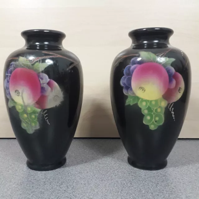 Empire Ware 1930s Pair Of Black Vases With Fruit Design