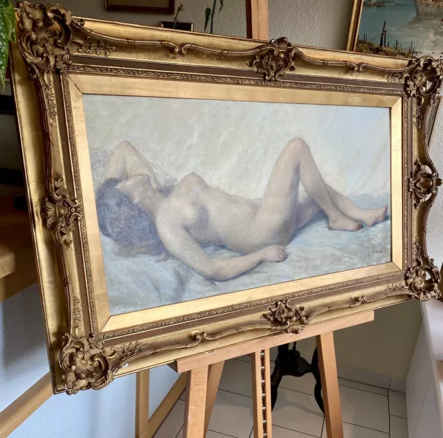 Grand Peinture Huile Portrait Femme Sensuelle Nue Signée Magnifique Cadre