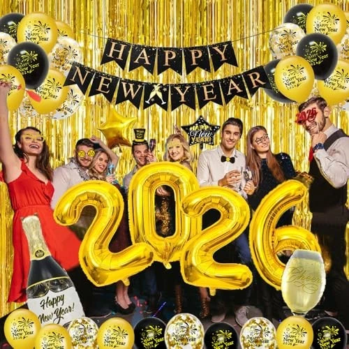 Silvester Deko Set 2026 – Schwarz/Gold – Mit Happy New Year Girlande, 2026 Folienballons, Pompons & Regenvorhang
