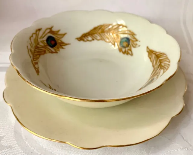 T&V Limoges Artist Signed Peacock Feather Round Sauce Or Gravy Boat, Under Plate