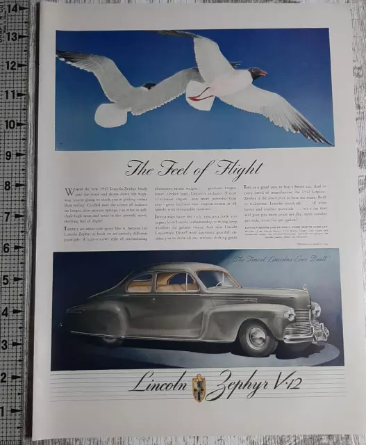 1942 Lincoln Zephyr Vintage Print Ad V-12 Luxury Car Feel Flight Ford Motor Co