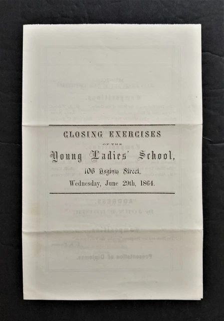 1865 antique YOUNG LADIES' SCHOOL program 106 Asylum St bridgeport hartford ct