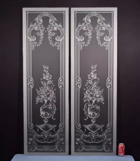 *59" Tall Pair of Antique French Etched Glass Windows Frosted Glass Salvage