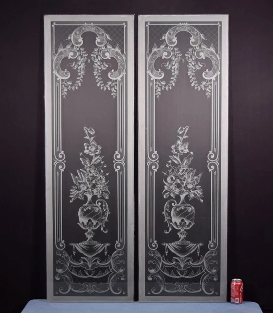 *59" Tall Pair of Antique French Etched Glass Windows Frosted Glass Salvage