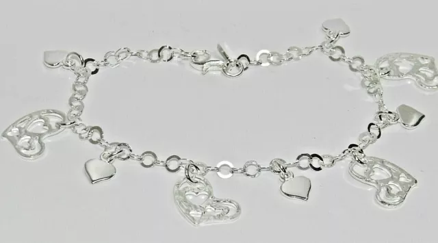 Sterling Silver Heart Charm Bracelet - 7.5 INCH - Solid 925 Silver