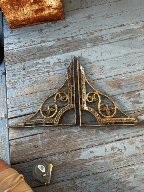 Pair vintage c1890 Brass shelf brackets 12x 10 high end Art Nouveau design style