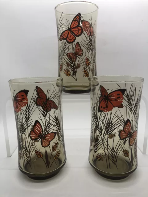 Vintage Libbey Monarch Butterfly Wheat Tawny Garden 5 1/4” Tumblers Set Of 3