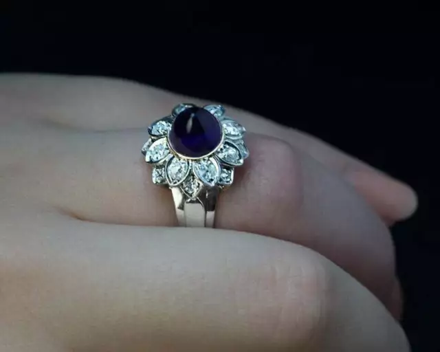 Midcentury French Cabochon Amethyst & White CZ Beautiful Flower Engagement Ring