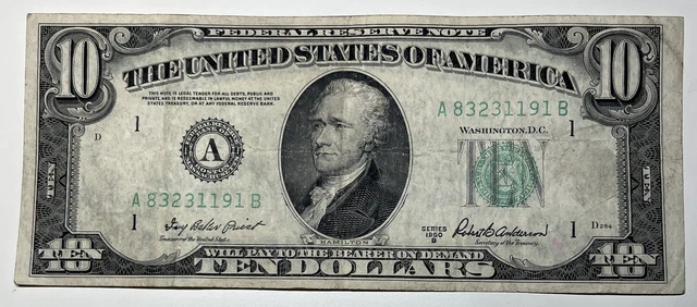 1950 B $10 Ten Dollar Bill Federal Reserve Note  Boston MA Vintage Old Currency
