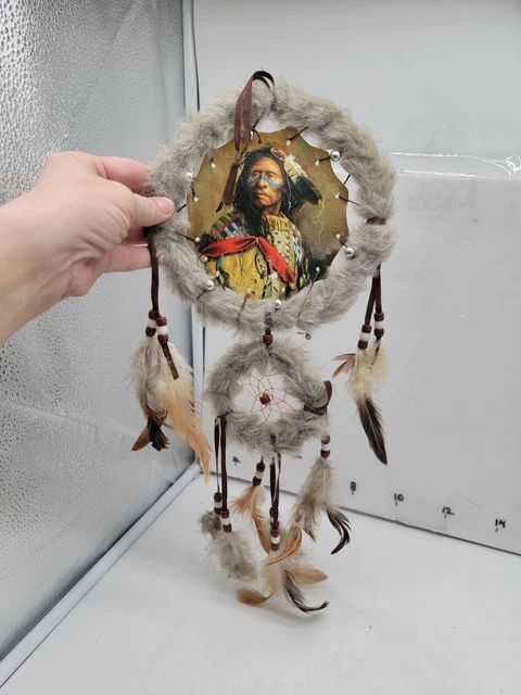 Dream catcher Native American Boho leather  Painted Design 18" long