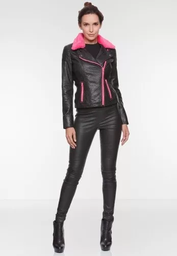 Jilani - Damen Lederjacke Bikerjacke Lammnappa schwarz / pink 2