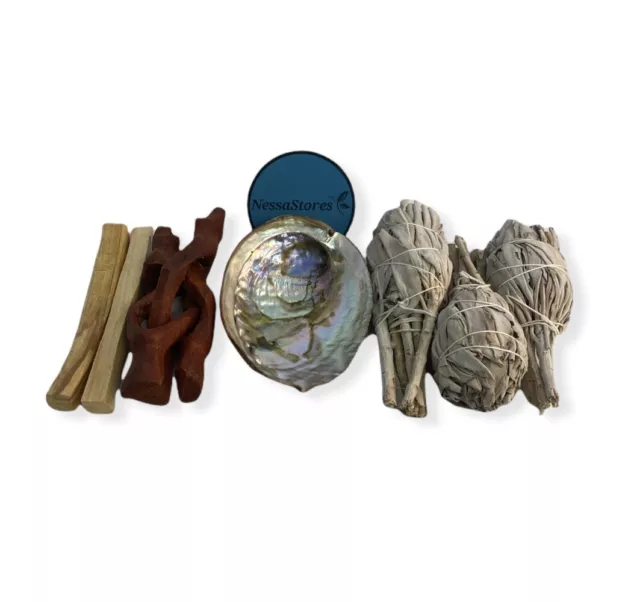 Travel Size Smudge Kit - Shell + Stand + Sage + Palo Santo (1 Kit) #JC-210 2