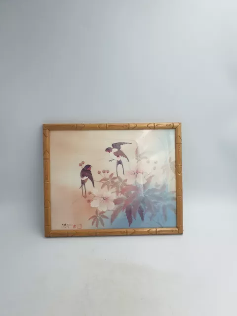 Chinese Johnny Lung Art Watercolour Painting Print Birds Flowers Bamboo Frame