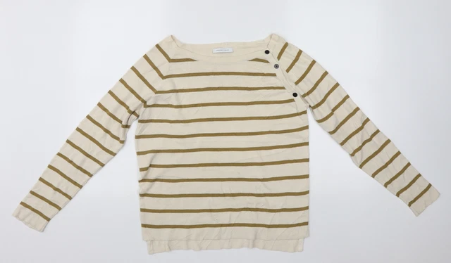 Selected Womens Beige Scoop Neck Striped Cotton Pullover Jumper Size M