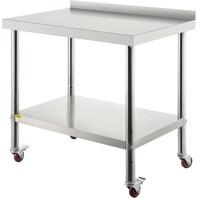 VEVOR 30x24in Stainless Steel Kitchen Work Prep Table w/ Backsplash & Casters
