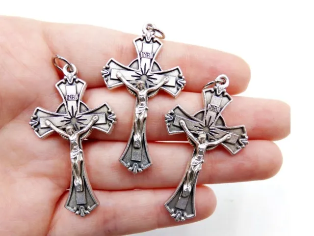 Lot of 3 Silver Toned Scrollwork Cross Medal Crucifix Pendants for Rosaries