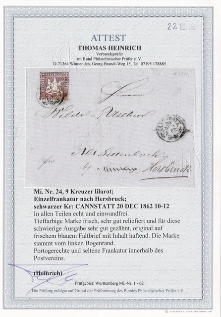 Württemberg: MiNr. 24 - Einzelfrankatur: BPP Attest
