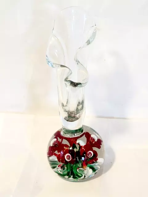 Vintage 1993 Gibson Handblown Glass Paperweight Vase Red Green Bubbles Floral 9"