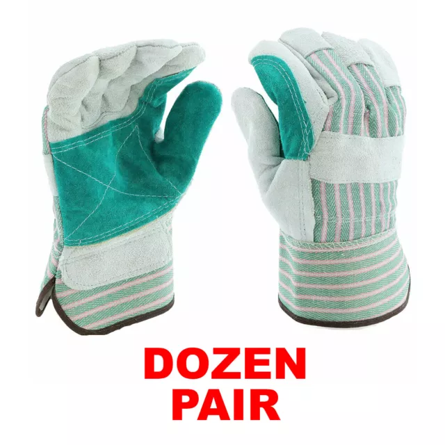12 PAIR Double Palm Split Leather Work Gloves (Size: Large) - 1 DOZEN