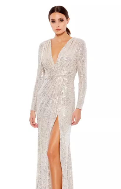 MAC DUGGAL Size: 16 Silver Sequin V-Neck Maxi Gown Long Sleeve *