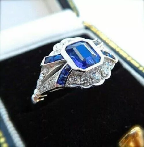 Art Deco Style 3.00Ct Blue Sapphire & Lab Created Diamond Engagement Silver Ring