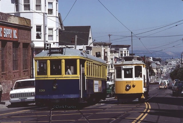 SF Muni 130 and ex-Porto 122 at 17th & Castro 1983 Original Kodachrome Slide