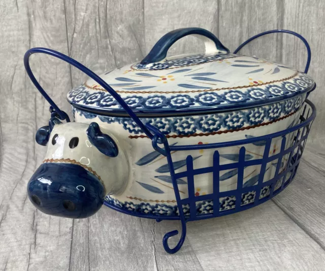 Temp-Tations by Tara Old World Blue Cow Casserole Dish w/ Basket Farmhouse