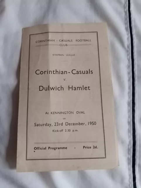 Corinthian Casuals Football Programme v Dulwich Hamlet 1950/51