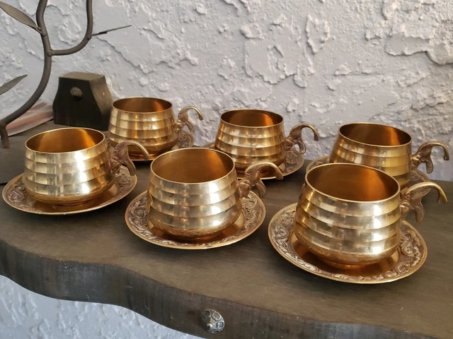 Vintage / Antique Brass / Metal Chinese Tea Set Of 6 Cups and 6 Plates/Saucers