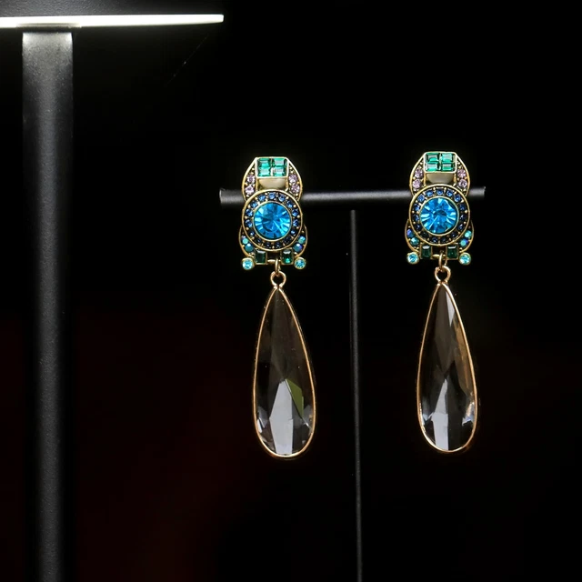 Boucles D'oreilles Clip Strass Turquoise Et Perles Bleues - Doré, Fait Main, Unique