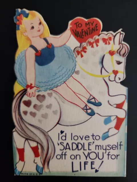 Vintage Die Cut Valentines Day Girl on White Horse Unused! Look!