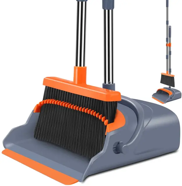 Upgrade Broom and Dustpan Set, Self-Cleaning with Dustpan Teeth, Indoor&Outdoor