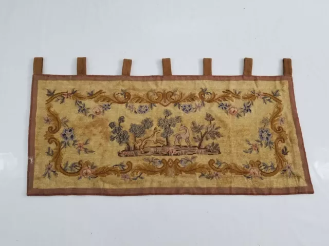 Antique French Needlepoint Dogs Scene Wall Hanging Tapestry 103x46cm