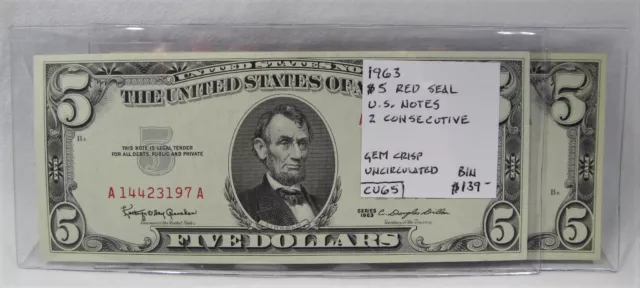 1963 $5 Red Seal U.S. Notes 2 Consecutive GEM CU PC-405