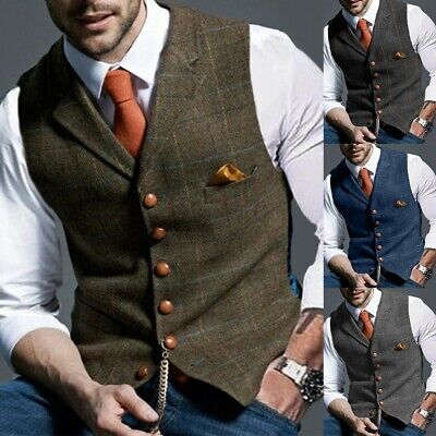 Mens Tweed-Waistcoat Green Notch Lapel Plaid Vintage Wool-Vest Herringbone S-3XL