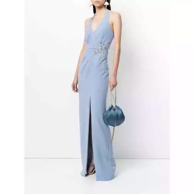 NWT Marchesa Notte Gown Halter V-Neck Embellished Column Blue US10 $796 Retail