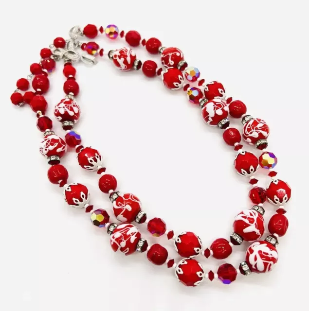 VENDOME DOUBLE STRAND Red Spattered Glass Beaded Necklace Signed ...