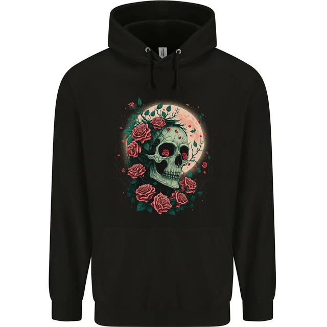Felpa con cappuccio da uomo gotica Death at Moon teschio con rose di notte 80% cotone
