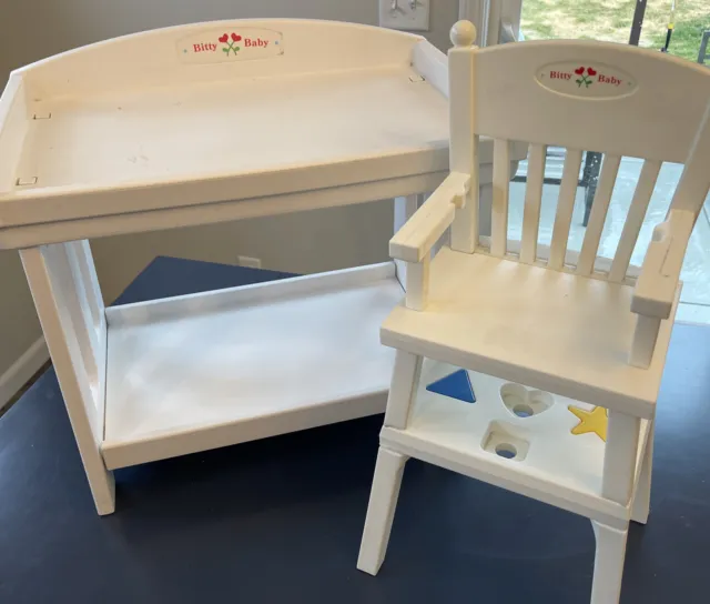 American Girl Bitty Baby Twins Doll White Changing Table Retired High Chair Lot