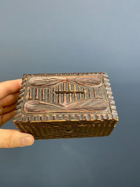 Old Antique Vintage Hand Carved Folk Art Wooden Money Collection Box
