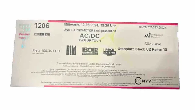 ACDC Stehplatz Ticket Olympiastadion München 12.06.2024 unter Originalpreis
