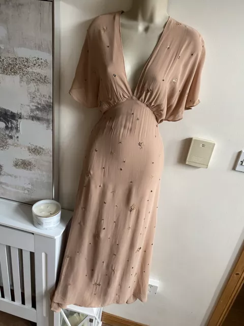 Stunning Zara Size M 10 Full Length Nude Embellished Dress Occasion