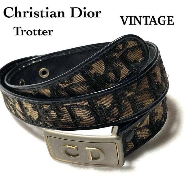 Christian Dior Belt Womens Logo Gold Oblique Jacquard Trotter Pattern Navy