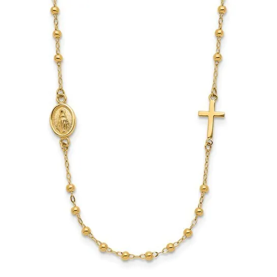 Solid 14K Yellow Gold Polished Miraculous Medal Cross Rosary Necklace 16.5 inch