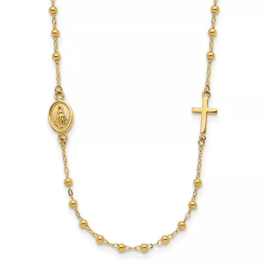 Solid 14K Yellow Gold Polished Miraculous Medal Cross Rosary Necklace 16.5 inch Solid 14K Yellow Gold Polished Miraculous Medal Cross Rosary Necklace 16.5 inch