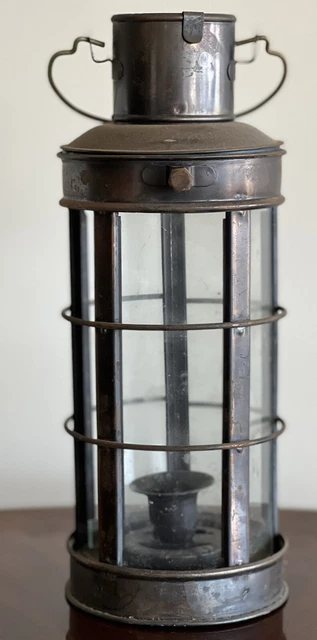 Nautical Copper Lantern 5-Sided Glass Walls Hangable Candle Lamp VTG