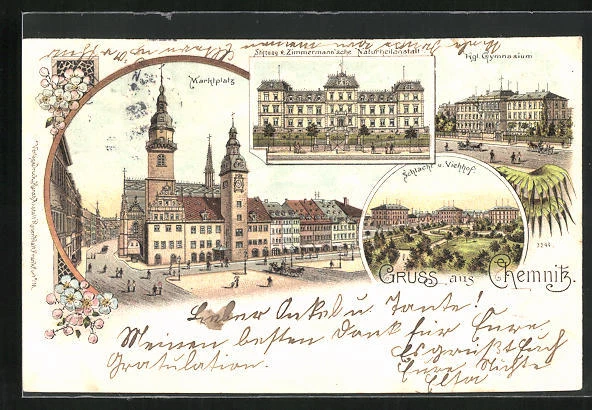 Lithographie Chemnitz, Marktplatz, Kgl. Gymnasium, Schlacht- und Viehhof 1899