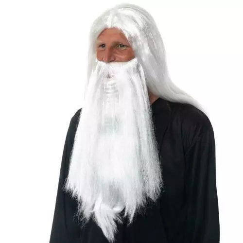 White Wizard Wig & Beard Set Gandalf Dumbledore Fancy Dress Mens Adult