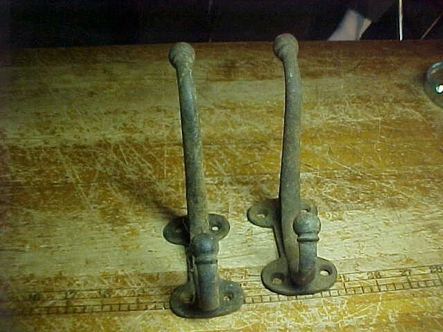 2 Antique Cast Iron Double Coat Hooks Heavy Duty Harness Hooks Ball Ends 6''