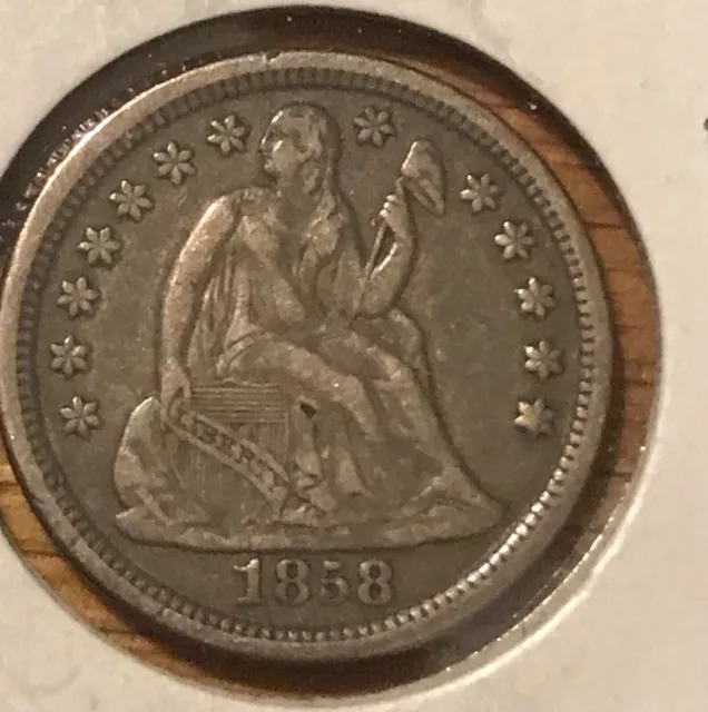 1858 o seated liberty dime , XF